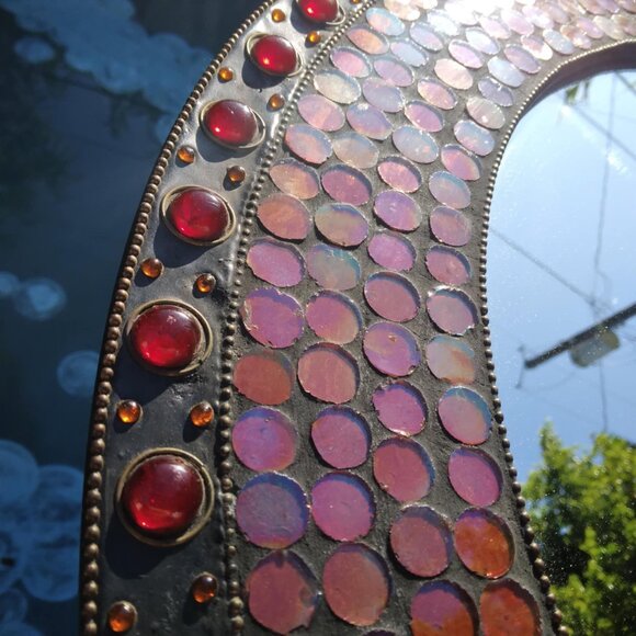 Stunning Round Red/Orange Glass Domes/Dots Mosaic Inlay Handcrafted Wall Mirror - Picture 12 of 16